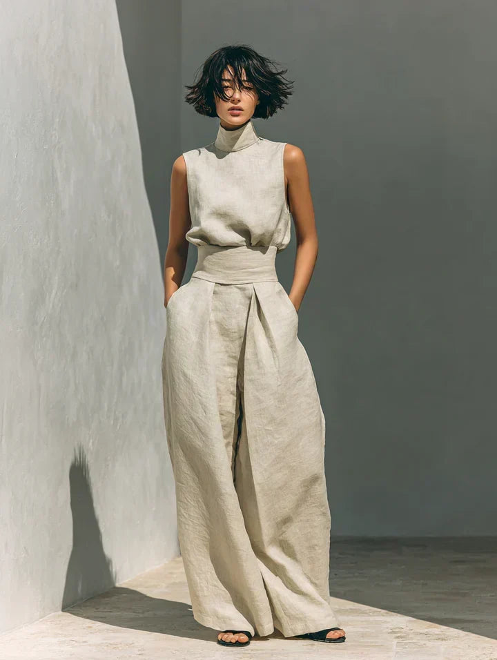 Flor™ | Minimalistička kombinacija bezrukavne bluze i širokih pantalona od pamuka i lana za žene