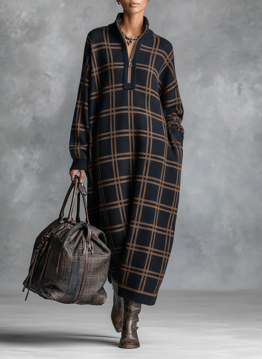 KAJA | PLAID POLU-ZIP KNIT MAXI HALJINA