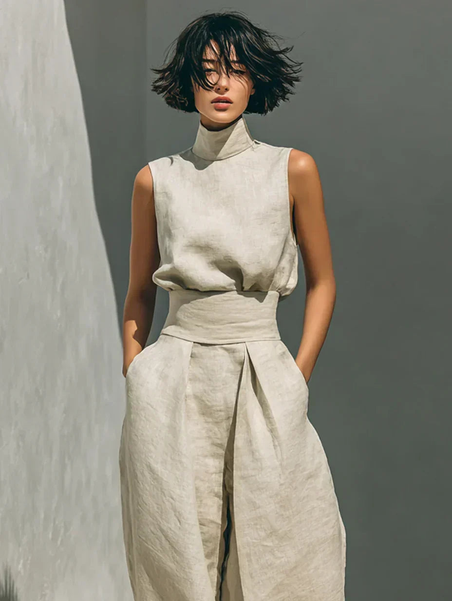 Flor™ | Minimalistička kombinacija bezrukavne bluze i širokih pantalona od pamuka i lana za žene