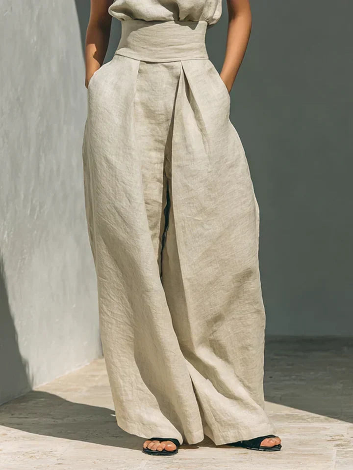 Flor™ | Minimalistička kombinacija bezrukavne bluze i širokih pantalona od pamuka i lana za žene
