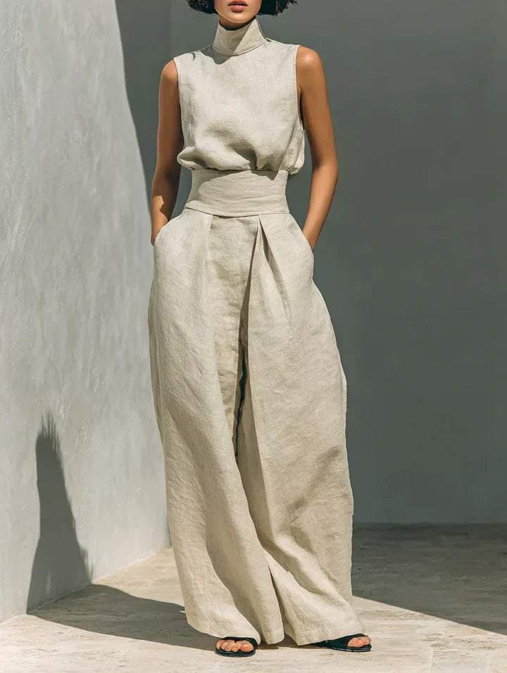 Flor™ | Minimalistička kombinacija bezrukavne bluze i širokih pantalona od pamuka i lana za žene
