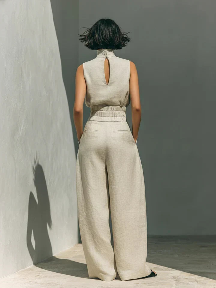 Flor™ | Minimalistička kombinacija bezrukavne bluze i širokih pantalona od pamuka i lana za žene