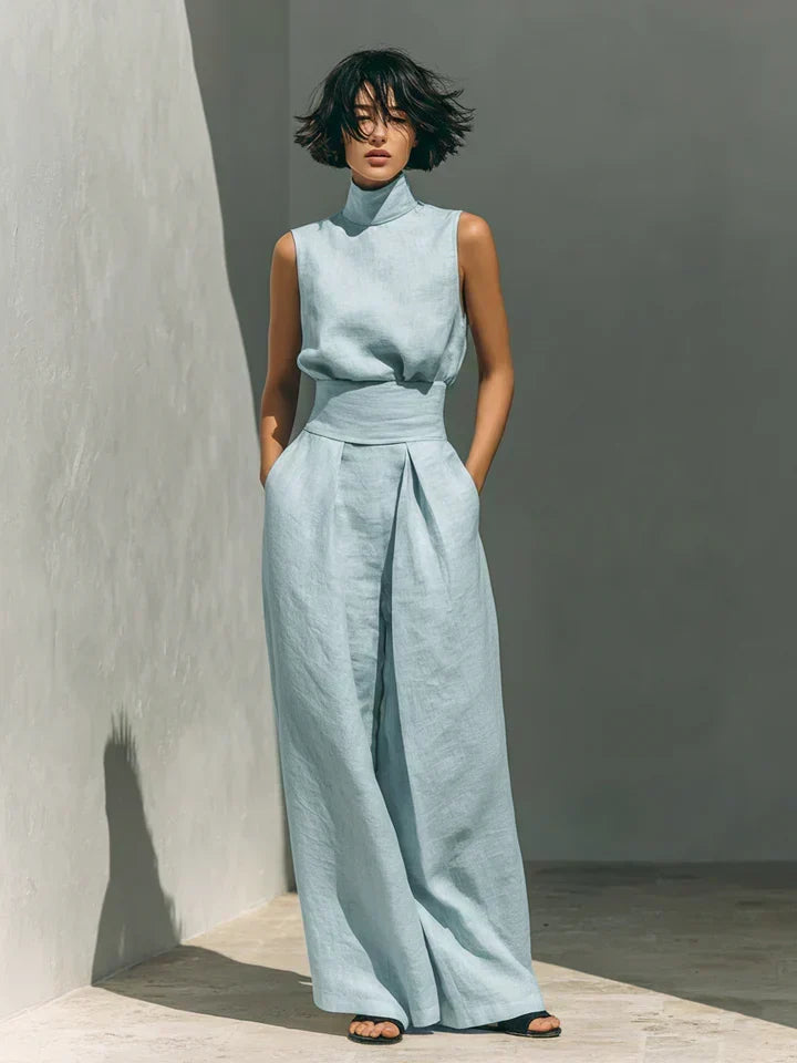 Flor™ | Minimalistička kombinacija bezrukavne bluze i širokih pantalona od pamuka i lana za žene