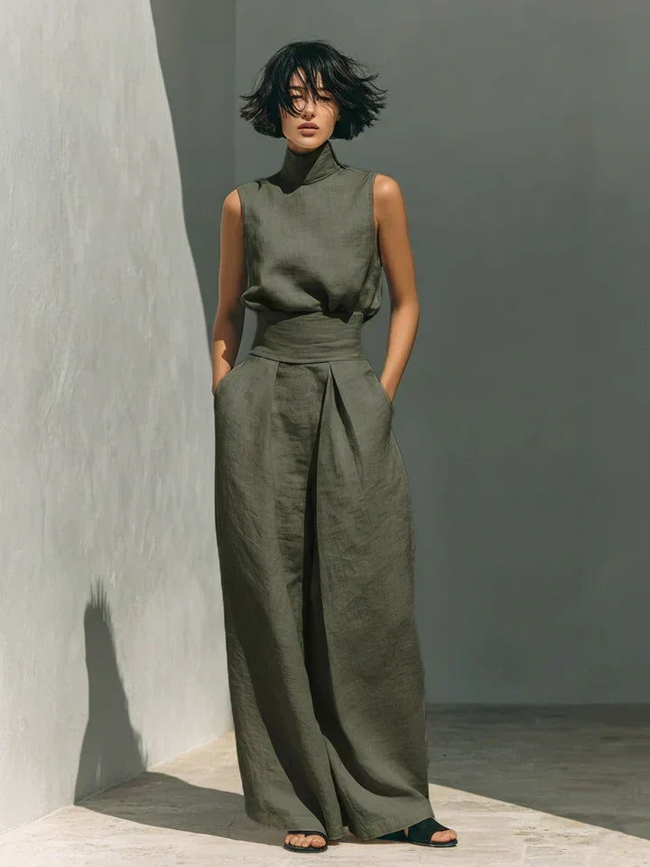Flor™ | Minimalistička kombinacija bezrukavne bluze i širokih pantalona od pamuka i lana za žene