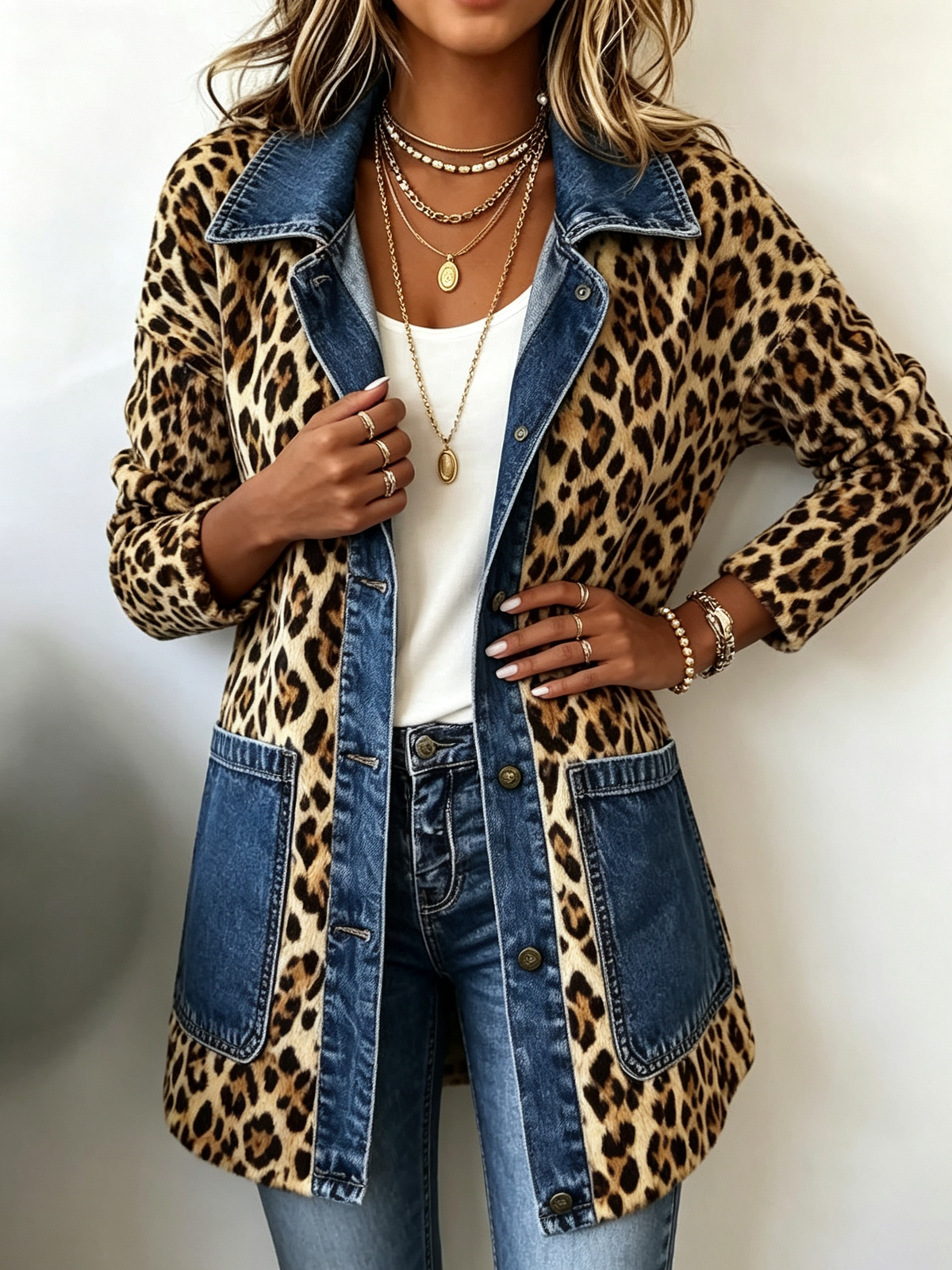 Liana – Duga jakna od jeansa sa leopard printom