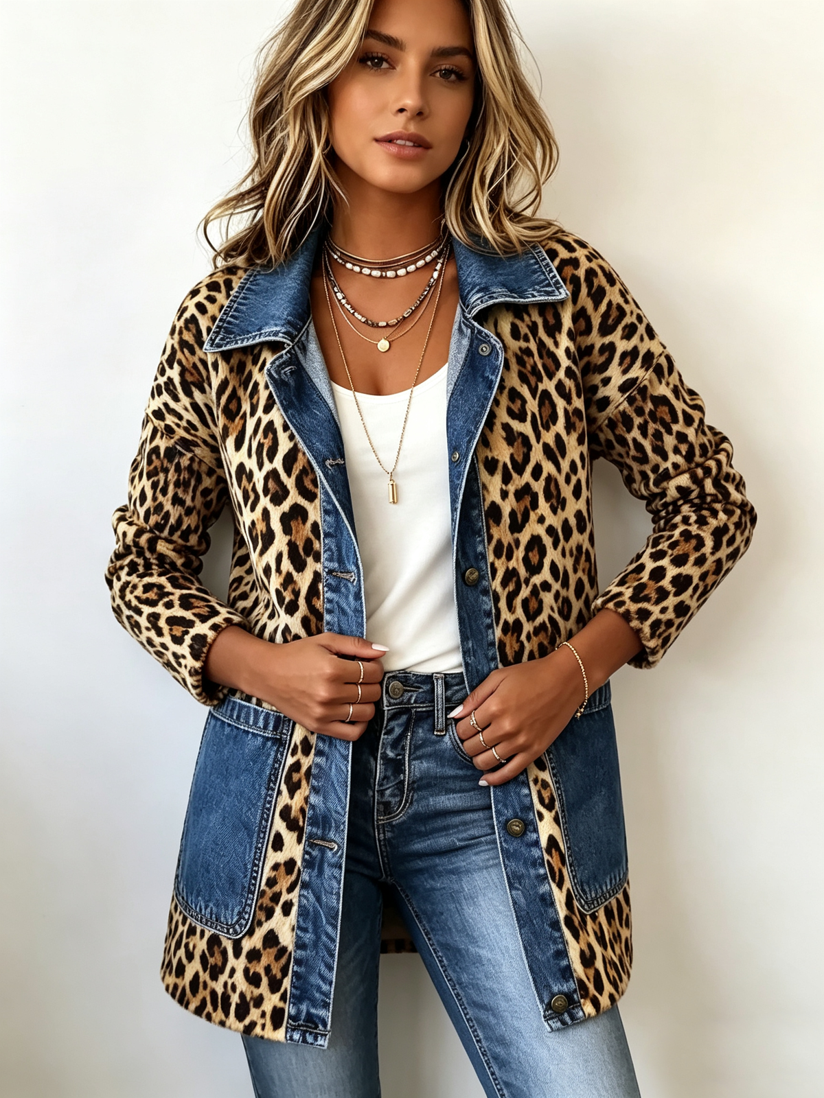 Liana – Duga jakna od jeansa sa leopard printom