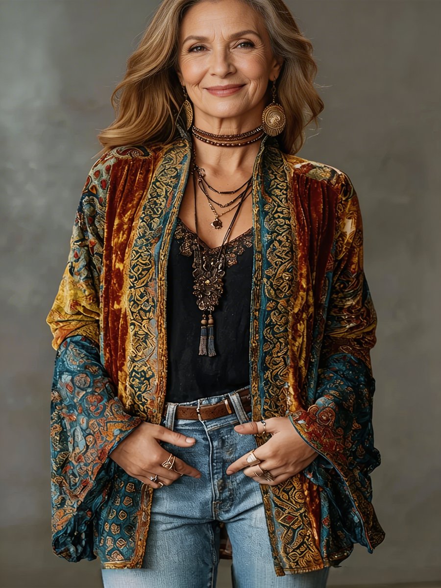 Sophia | Ženska Boho Kvalitetna Jakna Sa Pufnastim Punjenjem Slobodan Kroj Vintage Kimono Kardigan