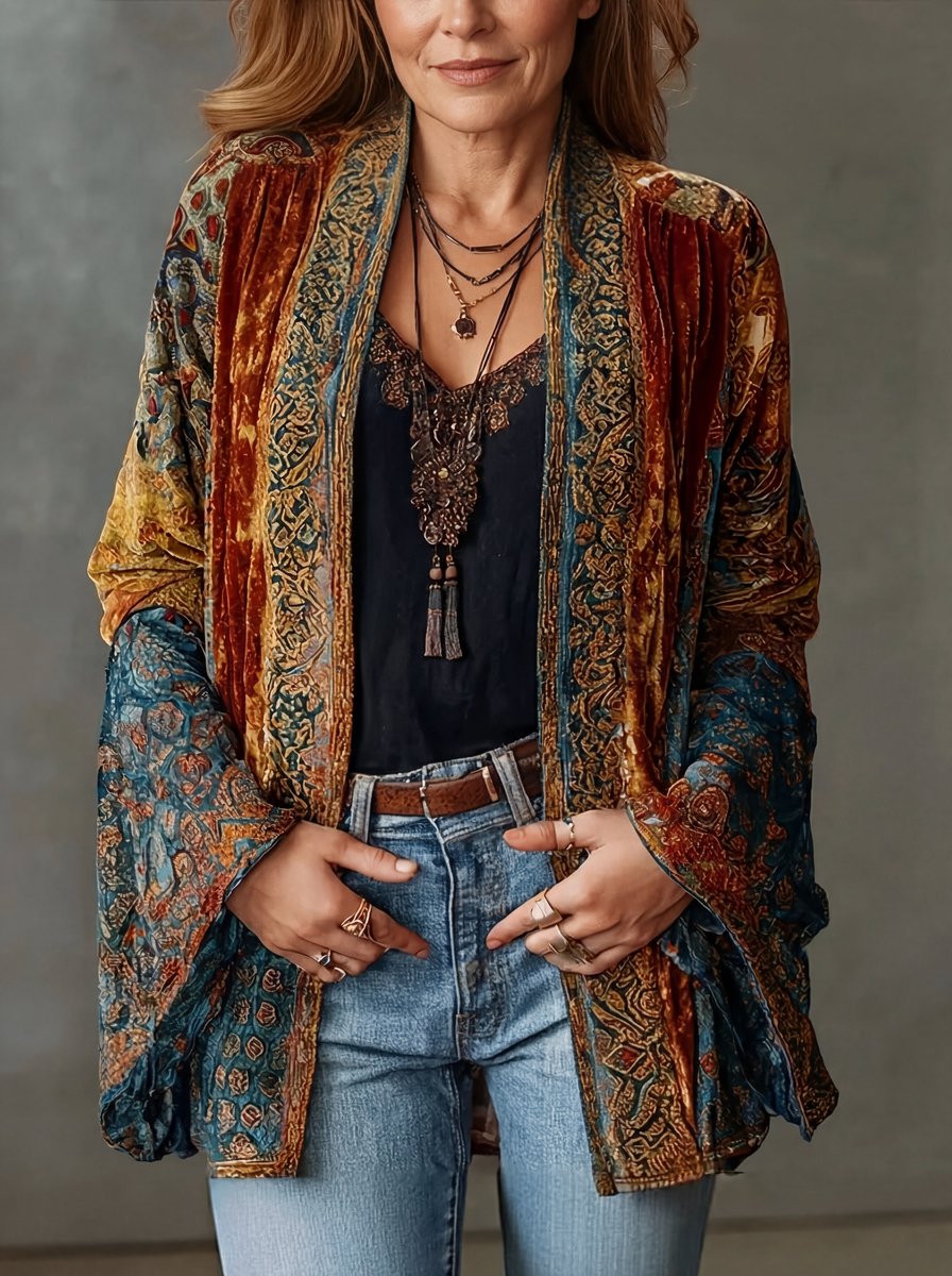 Sophia | Ženska Boho Kvalitetna Jakna Sa Pufnastim Punjenjem Slobodan Kroj Vintage Kimono Kardigan