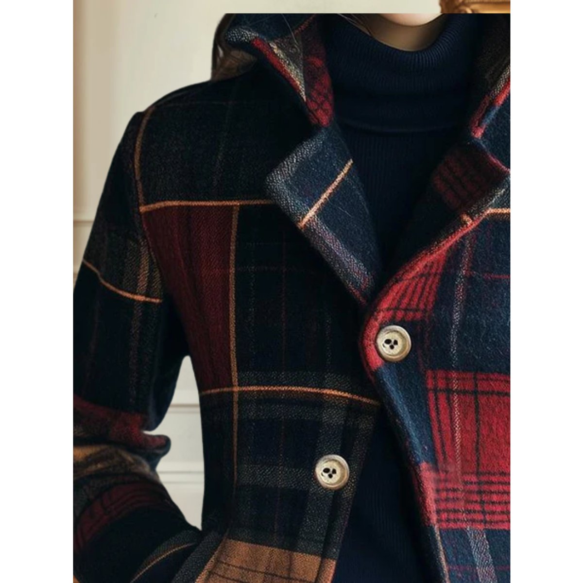 Mia | Ženska jakna od vune sa kariranim patchwork dizajnom i jednim dugmetom